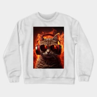 Music Addict cat wearing sunglasses and headphones Crewneck Sweatshirt